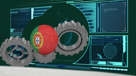 Animation-of-ball-with-flag-of-portugal-over-cogs-moving-and-data-processing