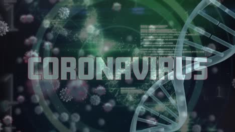 Animation-Von-Coronavirus,-DNA-Und-Viruszellen-Auf-Grünem-Und-Schwarzem-Hintergrund