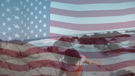 Animation-of-american-flag-over-diverse-female-couple-at-beach