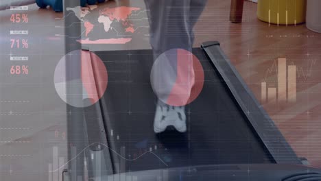 Animation-of-financial-data-processing-with-statistics-over-woman-running-on-treadmill