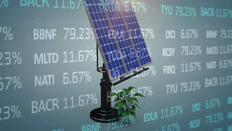 Animation-of-stock-market-data-processing-over-solar-panel-and-plant-sampling-on-blue-background