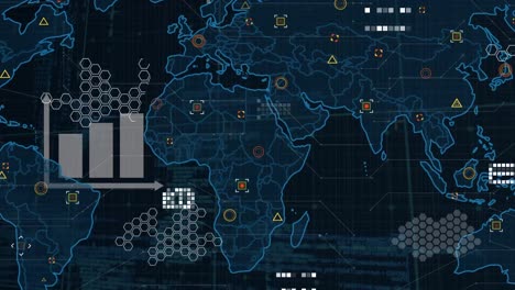 Datenverarbeitung-über-Ein-Gitternetz-Vor-Einer-Weltkarte-Auf-Blauem-Hintergrund