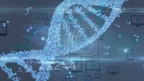 Animation-of-math-formulas,,-5g-and-dna-over-blue-background