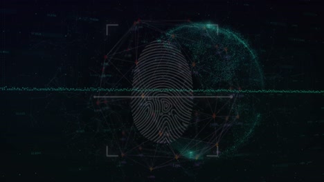 Animation-of-globe-with-data-processing-and-fingerprint-on-black-background