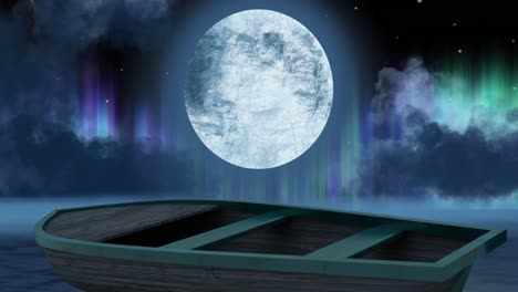 Animation-of-full-moon-and-northern-lights-on-sky-over-boat