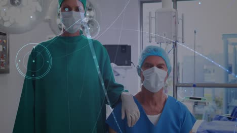 Animation-of-network-of-connections-over-caucasian-female-and-male-surgeons-in-face-masks