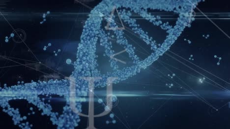 Digitale-Animation-Von-DNA-Und-Molekularen-Strukturen-über-Ein-Netzwerk-Von-Verbindungen-Auf-Blauem-Hintergrund