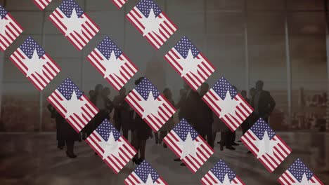 Animation-of-flags-of-usa-over-businesspeople-silhouettes-over-cityscape