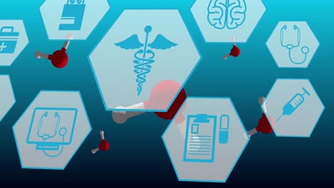 Animation-Medizinischer-Symbole-Und-Moleküle-Auf-Blauem-Hintergrund