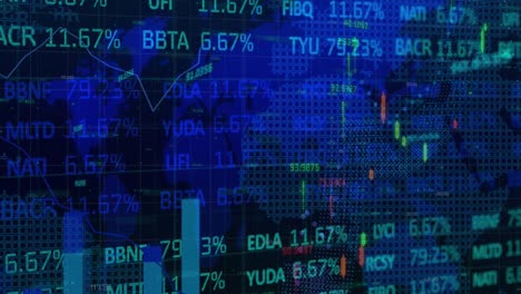 Animation-Der-Finanzdatenverarbeitung-Und-Des-Aktienmarktes-über-Einer-Weltkarte-Auf-Blauem-Hintergrund