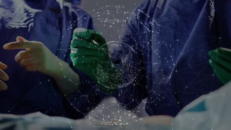 Animation-of-globe-of-network-of-connections-over-team-of-surgeons-performing-operation-at-hospital