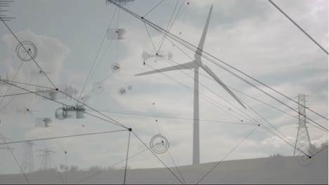 Animation-of-network-of-connections-and-data-processing-over-spinning-windmill-against-blue-sky