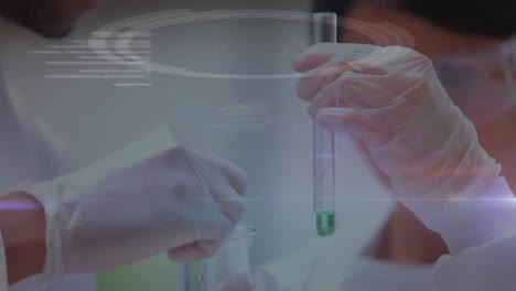 Animation-of-data-processing-over-scientists-with-test-tube