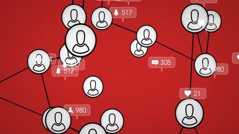Animation-of-network-of-connections-and-numbers-over-red-background