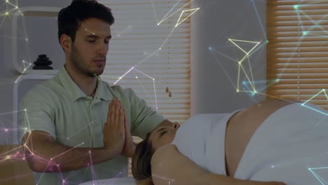 Animation-of-constellations-moving-over-caucasian-man-healing-woman