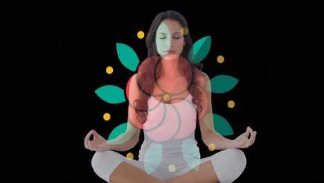 Animation-of-caucasian-woman-meditating-over-flower