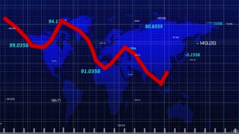 Digitale-Animation-Eines-Roten-Diagramms-Und-Mehrerer-Zahlen-über-Der-Weltkarte-Vor-Blauem-Hintergrund