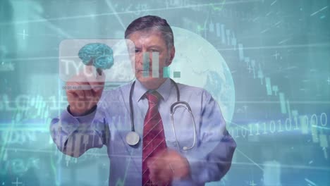 Animation-of-statistics-and-data-processing-and-globe-over-caucasian-male-doctor-with-medical-icons