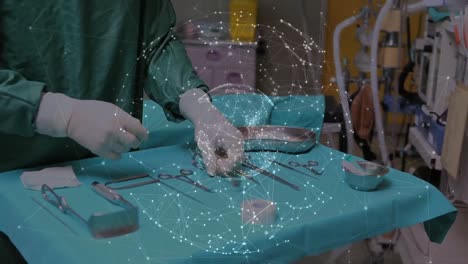 Animation-of-globe-of-network-of-connections-over-mid-section-of-surgeon-checking-equipment