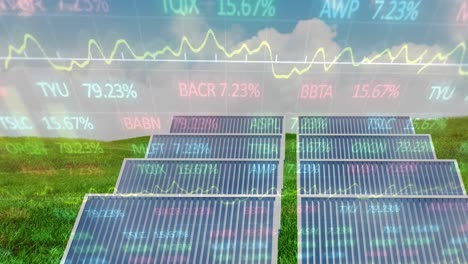Animation-of-stock-market-data-processing-over-solar-panels-on-grass-against-blue-sky