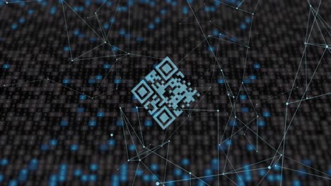 Animation-of-network-of-connections-and-qr-code-with-icons-over-dark-background