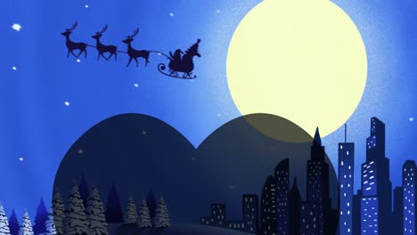 Animation-of-santa-claus-in-a-sleigh-over-cityscape