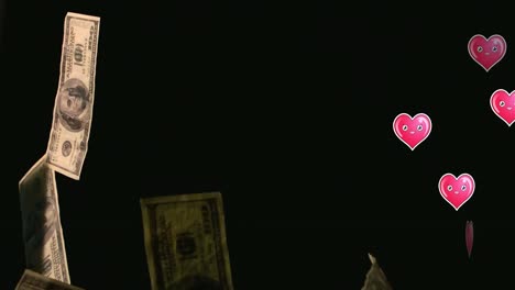 Animation-Von-Herzsymbolen-Und-Dollar-Banknoten-Auf-Schwarzem-Hintergrund