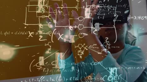 Animation-of-mathematical-formulas-over-african-american-schoolgirl-wearing-vr-headset