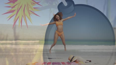 Animation-of-biracial-woman-jumping-at-beach-over-bomb-icon