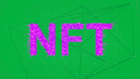 Animation-of-nft-pink-text-over-network-of-connections-on-green-background