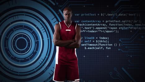 African-american-male-basketball-player-against-round-scanner-and-data-processing-on-blue-background