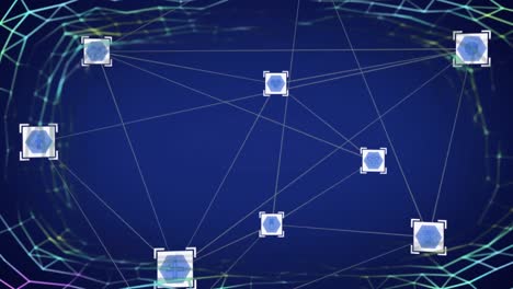 Animation-Des-Verbindungsnetzwerks-Mit-Blauen-Symbolen-Auf-Blauem-Hintergrund