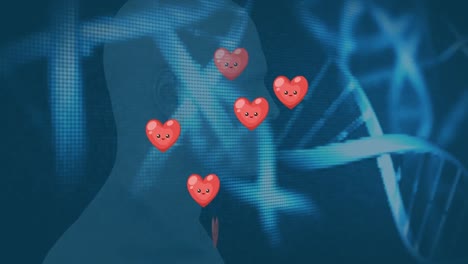 Animation-of-multiple-pink-heart-icons-and-dna-structures-over-human-head-model-on-blue-background