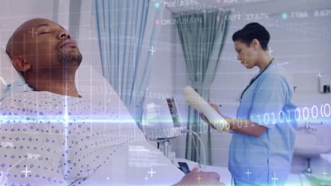 Animation-of-data-processing-over-female-doctor-with-patient