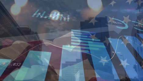 Animation-of-usa-waving-flag-and-financial-data-processing-over-cityscape