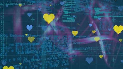 Animation-Mehrerer-Blauer-Und-Gelber-Herzsymbole-über-DNA-Strukturen-Gegen-Datenverarbeitung