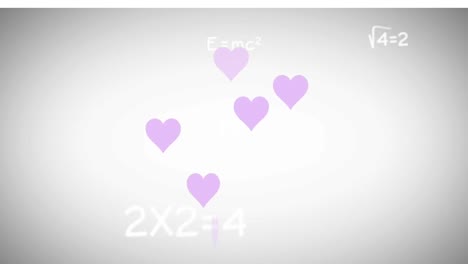 Animation-of-heart-icons-flying-over-mathematical-equations-on-white-background