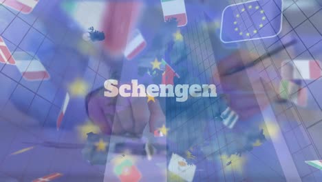 Animation-Eines-EU-Mitglieds,-Das-Flaggen-über-Dem-Stadtbild-Fallen-Lässt