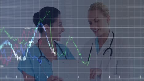 Animation-of-financial-data-processing-over-two-caucasian-female-doctors