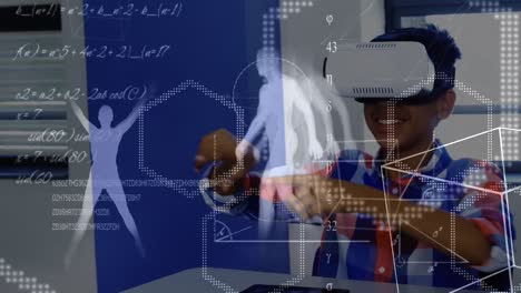 Animation-of-mathematical-formulas-over-biracial-schoolboy-wearing-vr-headset