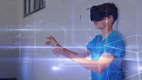 Animation-of-mathematical-formulas-over-caucasian-schoolboy-wearing-vr-headset