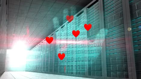 Animation-of-heart-icons-and-hand-and-computer-circuit-board-over-server-room