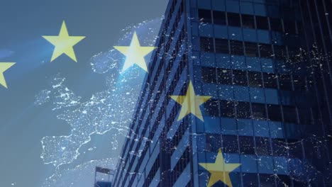 Animation-of-european-union-flag-and-map-over-tall-buildings-against-clouds-in-the-sky