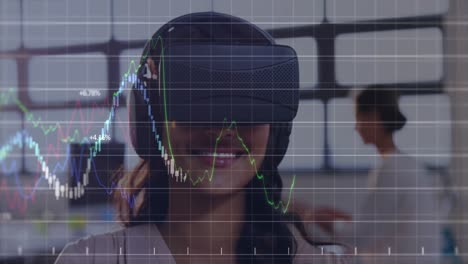 Animation-of-financial-data-processing-over-biracial-woman-wearing-vr-headset-at-office