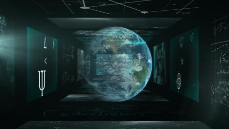 Animation-of-spinning-globe-over-multiple-screens-with-data-processing-against-black-background