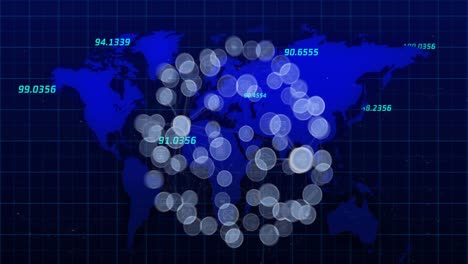 Globus-Mit-Digitalen-Symbolen-Und-Zahlen,-Die-Vor-Blauem-Hintergrund-über-Der-Weltkarte-Schweben