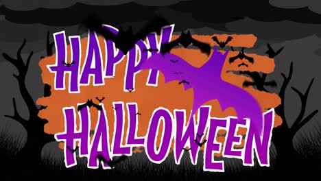 Animation-of-happy-halloween-text-over-trees