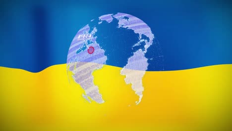 Data-processing-over-spinning-globe-against-waving-ukraine-flag-in-background