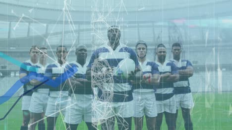 Animation-of-network-of-connections-over-team-of-diverse-male-rugby-players-standing-at-sports-field