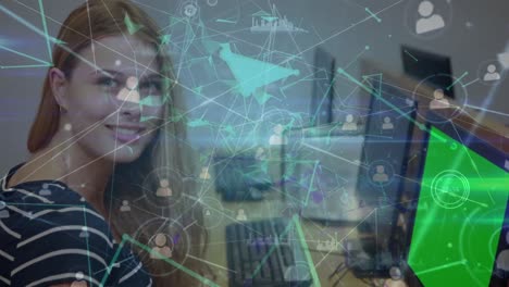 Animation-of-network-of-connections-over-caucasian-woman-using-computer-with-copy-space